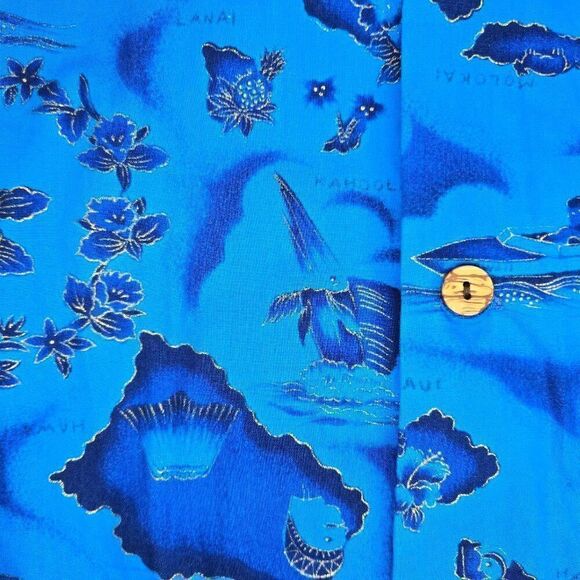 VINTAGE UI-MAIKAI COTTON HAWAIIAN SHIRT BLUE GOLD ISLANDS MENS SIZE MEDIUM - Picture 4 of 5